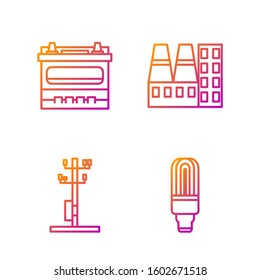 Set line LED light bulb, High voltage power pole line, Car battery and Power station plant and factory. Gradient color icons. Vector