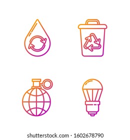 Set line LED light bulb, Planet earth and a recycling, Recycle clean aqua and Recycle bin with recycle symbol. Gradient color icons. Vector