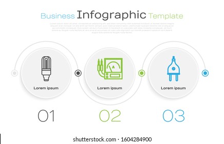 Set line LED light bulb, Ampere meter, multimeter, voltmeter and Electric plug. Business infographic template. Vector