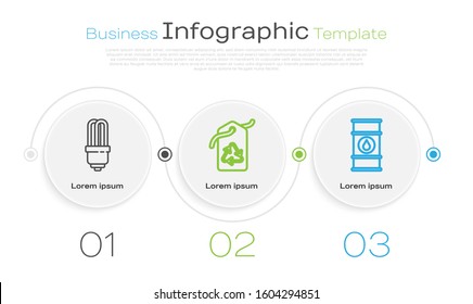 Set line LED light bulb, Tag with recycle symbol and Oil barrel line. Business infographic template. Vector