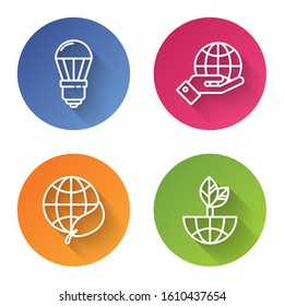 Set line LED light bulb, Human hands holding Earth globe, Earth globe and leaf and Earth globe and leaf. Color circle button. Vector