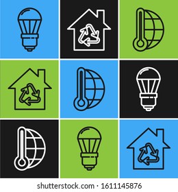 Set line LED light bulb, Meteorology thermometer measuring and Eco House with recycling symbol icon. Vector