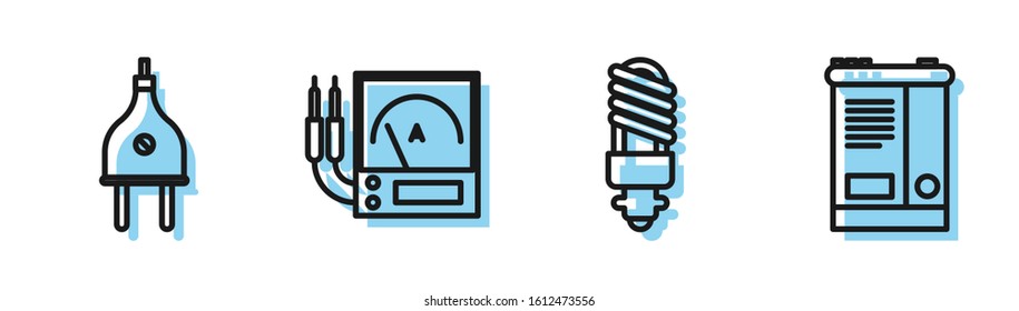 Set line LED light bulb, Electric plug, Ampere meter, multimeter, voltmeter and Car battery icon. Vector