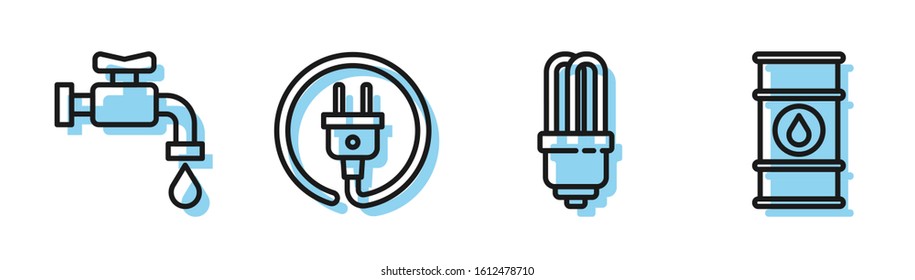 Set line LED light bulb, Water tap, Electric plug and Oil barrel line icon. Vector