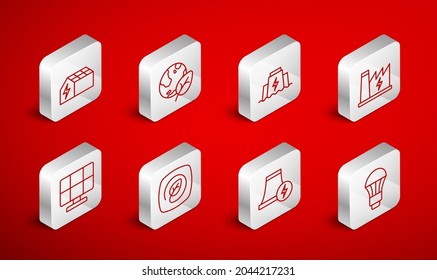 Die LED-Lampe, Erdkugel und Blatt, Wasserkraftdamm, Kernkraftwerk, Solarenergiefeld, Standort mit und Symbol. Vektorgrafik