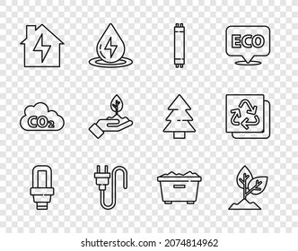 Set line LED light bulb, Plant, Fluorescent lamp, Electric plug, House and lightning, hand, Trash can and Recycle icon. Vector