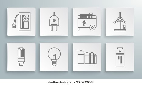 Set line LED light bulb, Electric plug, Light, Battery, Portable power electric generator, Wind turbine and  icon. Vector
