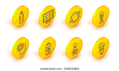 Set line LED light bulb, Garbage bag with recycle, Recycling plastic bottle, Human head gear inside, Fish skeleton, Refresh, Solar energy panel and Bottle of water icon. Vector