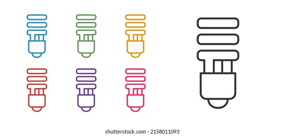 Ajuste el icono de la bombilla LED de línea aislado en el fondo blanco. Bombilla de iluminación LED económica. Ahorra la lámpara de energía. Indique los iconos en colores. Vector