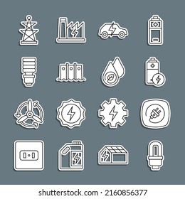 Set line LED light bulb, Electric plug, Battery, car, Hydroelectric dam, tower and Water energy icon. Vector