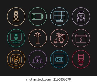 Fijar la lámpara LED de línea, la batería del coche, el panel de energía solar, la torre eléctrica, el enchufe, la antena, el coche y el icono de la batería. Vector