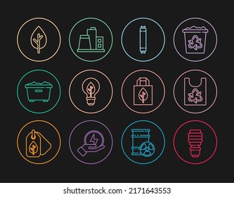 Set line LED light bulb, Plastic bag with recycle, Fluorescent lamp, Light leaf, Trash can, Tree, Shopping and Factory icon. Vector