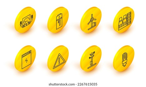 Set line LED light bulb, High voltage power pole line, Exclamation mark triangle, Power bank, station plant and factory, Wind turbine, Battery and Ampere meter, multimeter, voltmeter icon. Vector