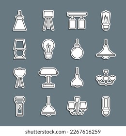 Ajuste la lámpara de luz LED de línea, lámpara de araña, lámparas de vía de borde, luz, mesa, colgante de lámpara e icono. Vector