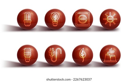 Set line LED light bulb, Solar energy panel, Leaf or leaves, Electric plug, Light with leaf, Factory and Electrical outlet icon. Vector