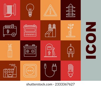 Set line LED light bulb, Electric plug, High voltage power pole line, Exclamation mark triangle, Car battery, Portable electric generator, Wire cable reel drum and Nuclear plant icon. Vector