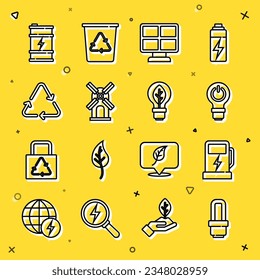 Set line LED light bulb, Electric car charging station, Light with lightning, Solar energy panel, Wind turbine, Recycle symbol, Bio fuel barrel and leaf icon. Vector
