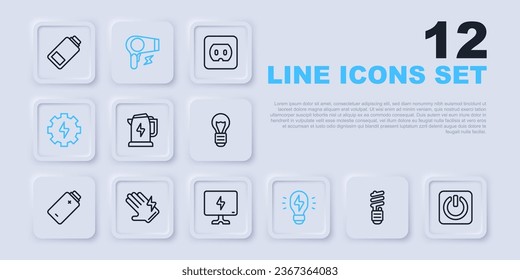 Fijar la línea de bombilla LED, botón de encendido, hervidor eléctrico, idea de lámpara creativa, Engranaje y relámpago, guante, Secador de pelo e icono Smart Tv. Vector
