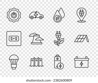 Set line LED light bulb, Car battery, Water energy, Hydroelectric dam, Power button, Nuclear power plant, Battery and Solar panel icon. Vector