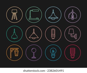 Set line LED light bulb, Wall lamp or sconce, Chandelier, Lamp hanging, Floor,  and Table icon. Vector