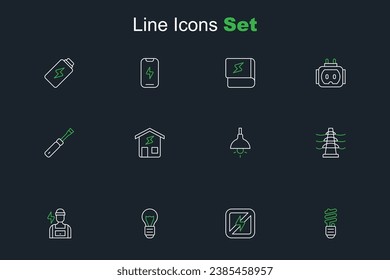 Set line LED light bulb, No lightning, Creative lamp idea, Electrician, tower line, Lamp hanging, Smart home and Screwdriver icon. Vector