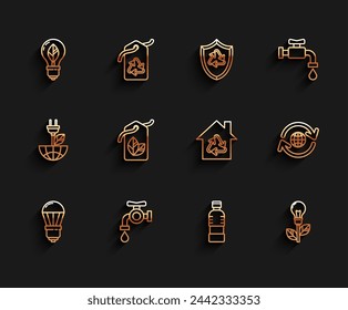 Set line LED light bulb, Water tap, Light with leaf, Bottle of water, Tag symbol, Planet earth and recycling and Eco House icon. Vector