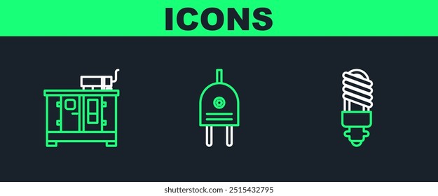 Set line LED light bulb, Diesel power generator and Electric plug icon. Vector