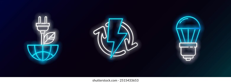 Set-Linie LED-Glühbirne, Elektrischer Sparstecker in Blatt und Aufladen Symbol. Leuchtendes Neon. Vektorgrafik