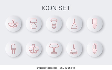 Set Linie LED-Glühbirne, Leuchtdiode, Lampe hängen, Kronleuchter, Tischlampe, und Symbol. Vektorgrafik