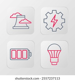 Set line LED light bulb, Battery, Gear and lightning and Nuclear power plant icon. Vector
