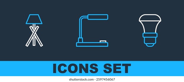 Set line LED light bulb, Floor lamp and Table icon. Vector