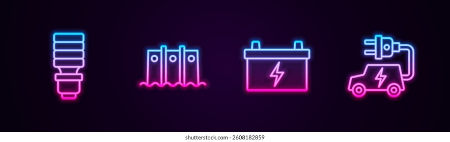 Set line LED light bulb, Hydroelectric dam, Car battery and Electric car. Glowing neon icon. Vector