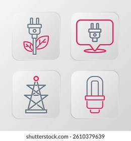 Set line LED light bulb, Electric tower, plug and saving in leaf icon. Vector