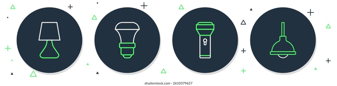 Set line LED light bulb, Flashlight, Table lamp and Lamp hanging icon. Vector