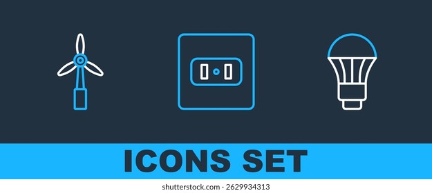 Set line LED light bulb, Wind turbine and Electrical outlet icon. Vector