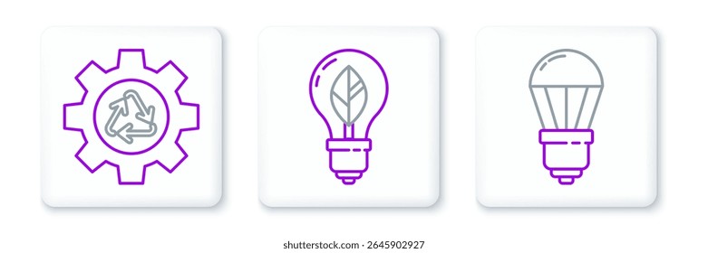 Set line LED light bulb, Recycle symbol and gear and Light with leaf icon. Vector