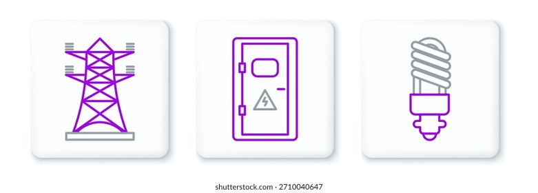 Definir a lâmpada LED de linha, linha de polo de energia de alta tensão e ícone do gabinete elétrico. Vetor