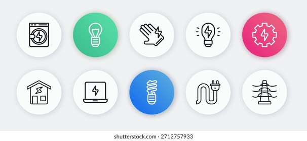 Set-Linie LED-Glühbirne, Ausrüstung und Blitz, Smart Home, Elektrischer Stecker, Kreative Lampe Idee, Handschuh, Tower-Linie und Laptop-Symbol. Vektorgrafik
