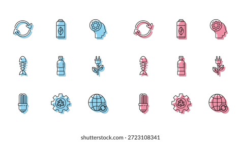 Set line LED light bulb, Recycle symbol and gear, Refresh, Planet earth recycling, Bottle of water, Electric saving plug leaf, Fish skeleton and Recycling plastic bottle icon. Vector