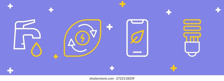 Definir lâmpada LED linha, telefone celular com folha, energia da água e ícone da torneira. Vetor