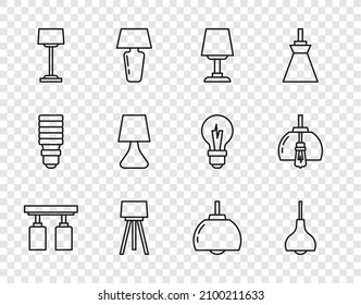 Set line Led track lights and lamps, Lamp hanging, Table, Floor, Chandelier and  icon. Vector