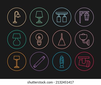 Set line Led track lights and lamps, Wall or sconce, Light bulb, Table, Floor, Chandelier and icon. Vector
