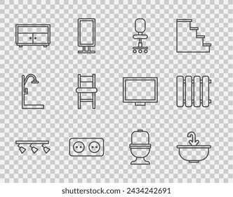 Set line Led track lights and lamps, Washbasin with water tap, Office chair, Electrical outlet, Chest of drawers, Chair, Toilet bowl and Heating radiator icon. Vector