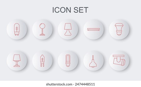 Set line LED-Titel-Leuchten und -Lampen, Tisch, Lampenhängung, Leuchtdiode, Boden und LED-Glühlampen-Symbol. Vektorgrafik