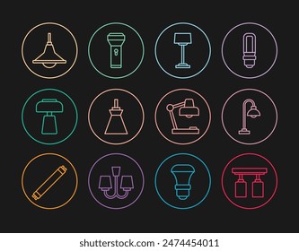 Set line Led track lights and lamps, Floor, Lamp hanging, Table, Chandelier,  and Flashlight icon. Vector