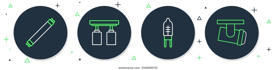 Set line Led track lights and lamps, Light emitting diode, Fluorescent and  icon. Vector