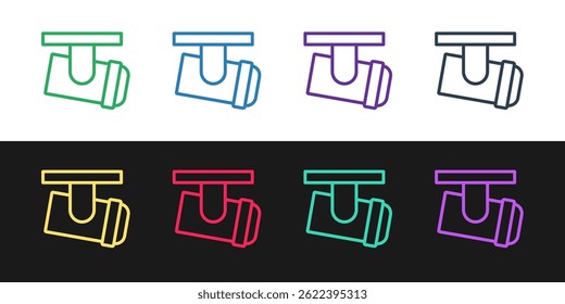 Set line Led track lights and lamps with spotlights icon isolated on black and white background.  Vector