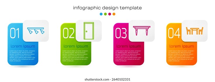 Set line Led track lights and lamps, Closed door, Wooden table and Wooden table with chair. Business infographic template. Vector