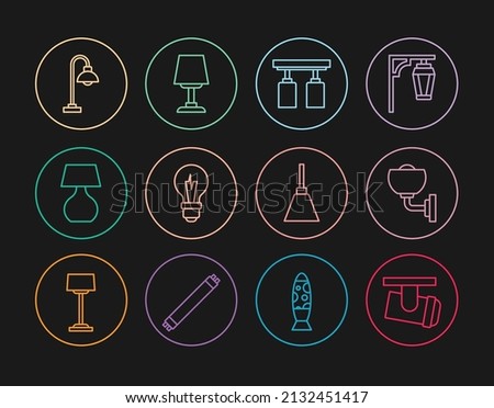 Set line Led track lights and lamps, Wall or sconce, Light bulb, Table, Floor, Chandelier and icon. Vector
