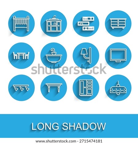 Set line Led track lights and lamps, Wooden table, Baby crib cradle bed, Wardrobe, Chandelier, Washbasin with water tap, Picture frame on and Wall sconce icon. Vector
